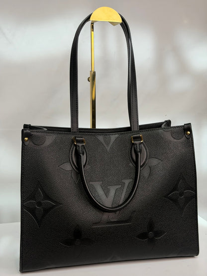 Louis Vuitton Black Leather Monogram "On-The-Go" MM Tote w Gold Hardware