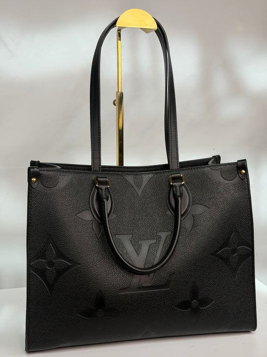 Louis Vuitton Black Leather Monogram "On-The-Go" MM Tote w Gold Hardware