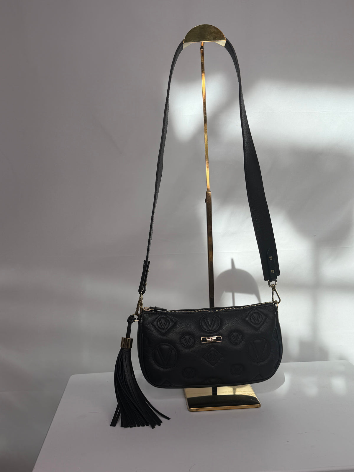 Valentino By Mario Black Leather Quilted Stamped Logo Zip 1/2 Moon Crossbody Bag