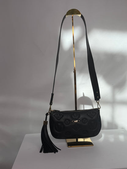 Valentino By Mario Black Leather Quilted Stamped Logo Zip 1/2 Moon Crossbody Bag