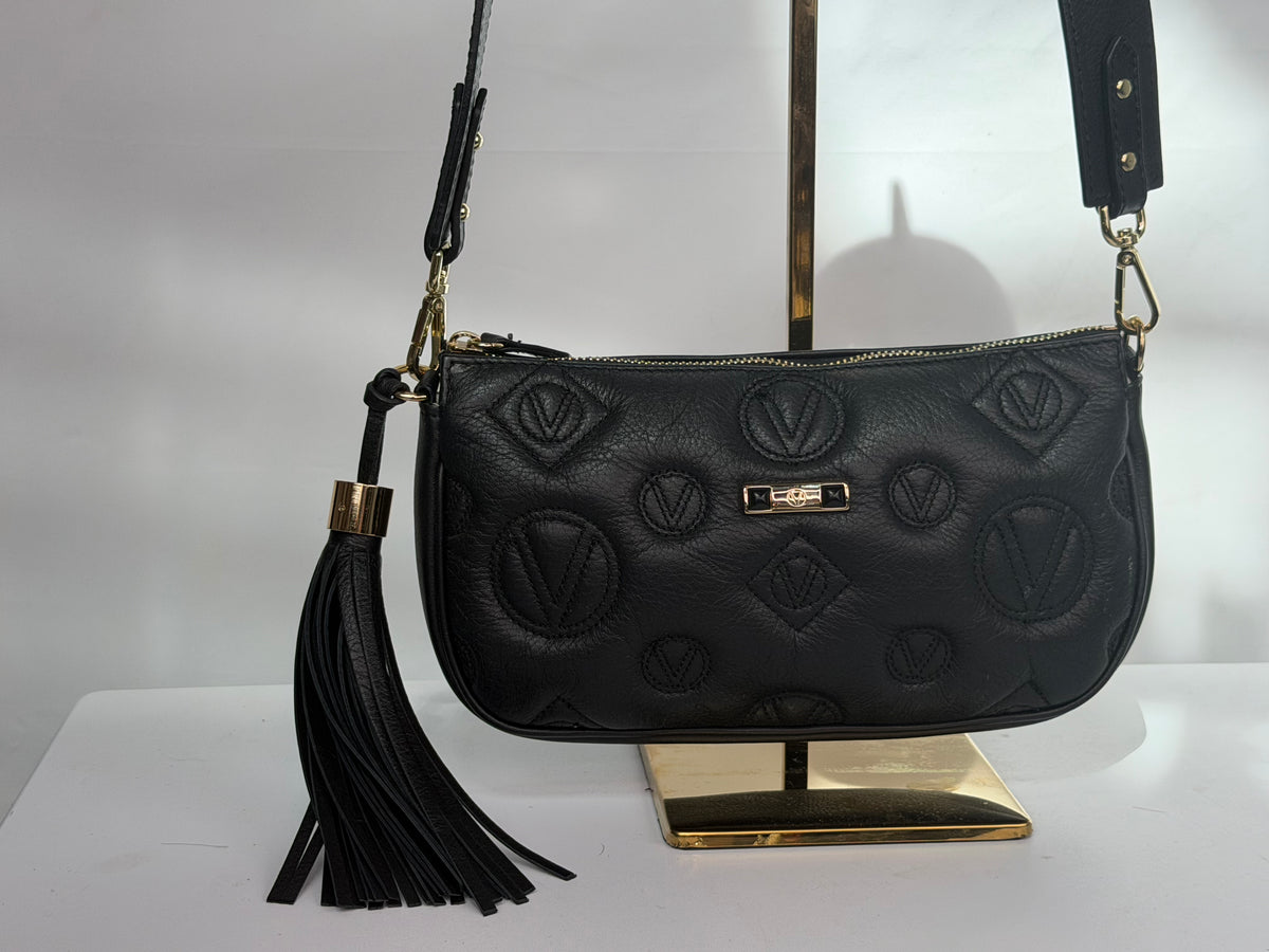 Valentino By Mario Black Leather Quilted Stamped Logo Zip 1/2 Moon Crossbody Bag