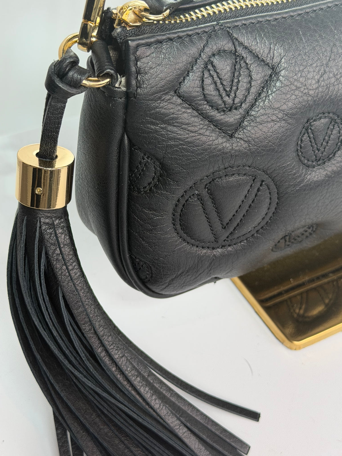 Valentino By Mario Black Leather Quilted Stamped Logo Zip 1/2 Moon Crossbody Bag