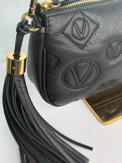Valentino By Mario Black Leather Quilted Stamped Logo Zip 1/2 Moon Crossbody Bag