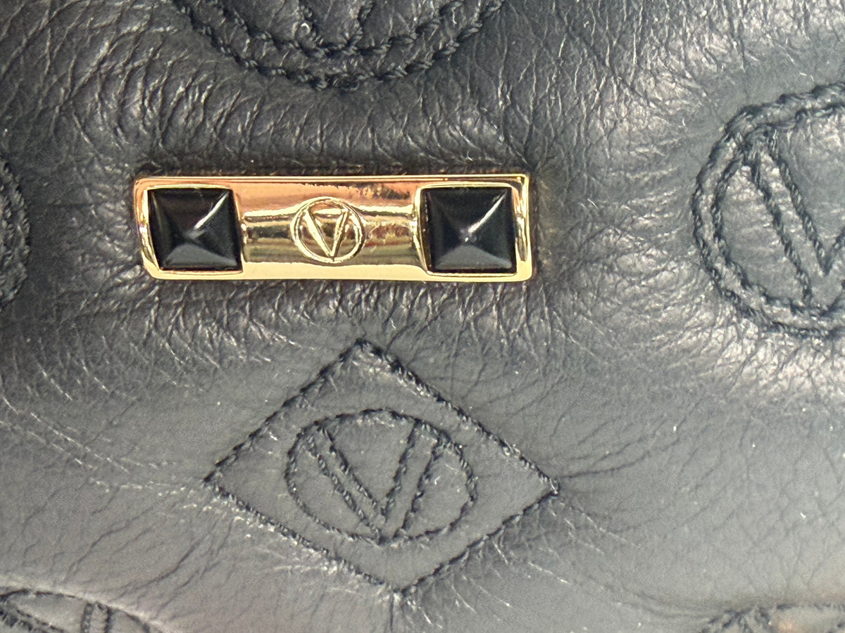 Valentino By Mario Black Leather Quilted Stamped Logo Zip 1/2 Moon Crossbody Bag