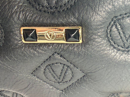 Valentino By Mario Black Leather Quilted Stamped Logo Zip 1/2 Moon Crossbody Bag