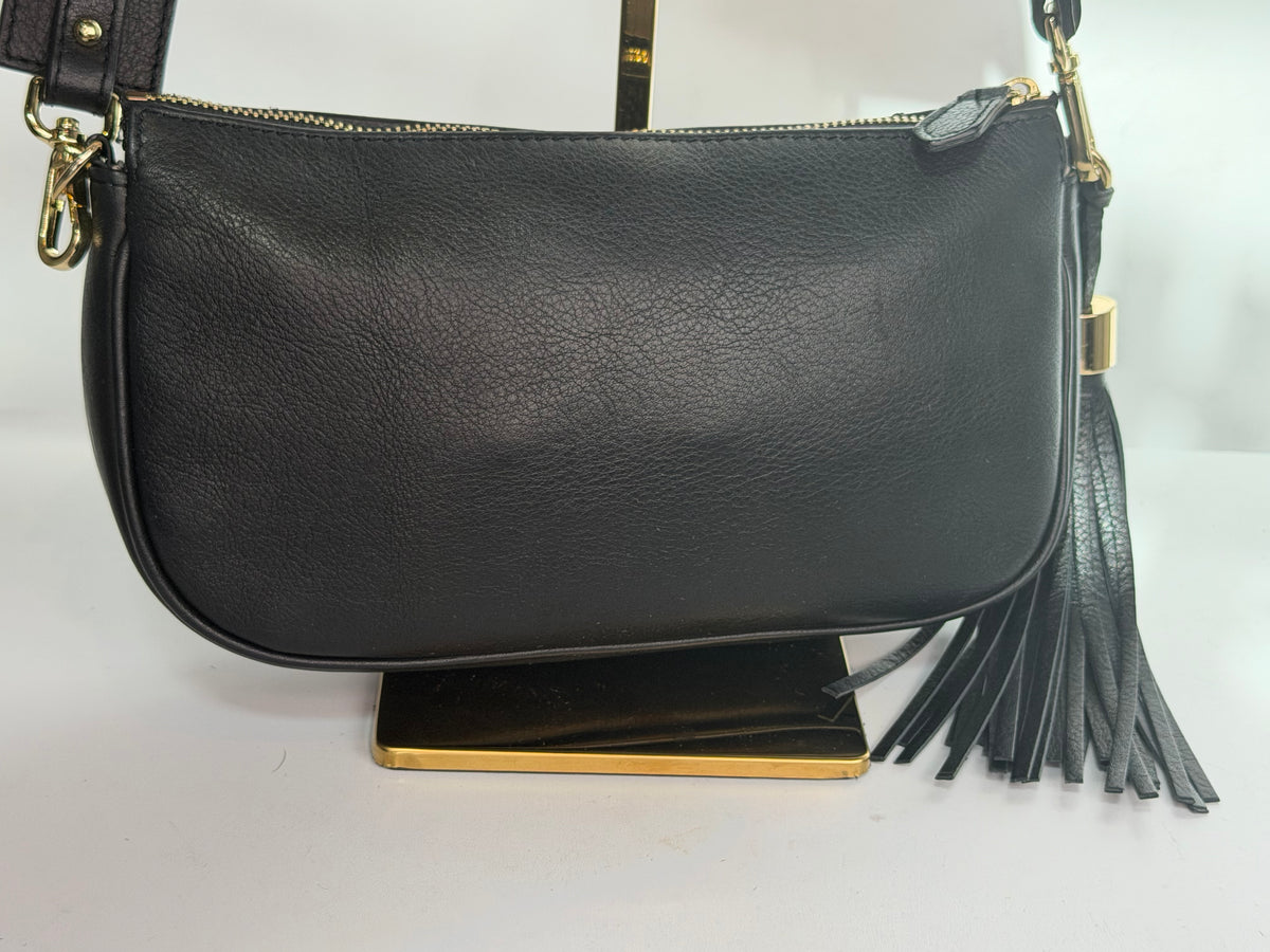 Valentino By Mario Black Leather Quilted Stamped Logo Zip 1/2 Moon Crossbody Bag