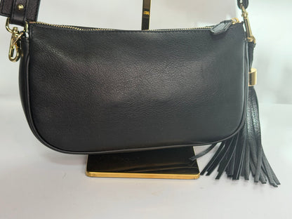 Valentino By Mario Black Leather Quilted Stamped Logo Zip 1/2 Moon Crossbody Bag