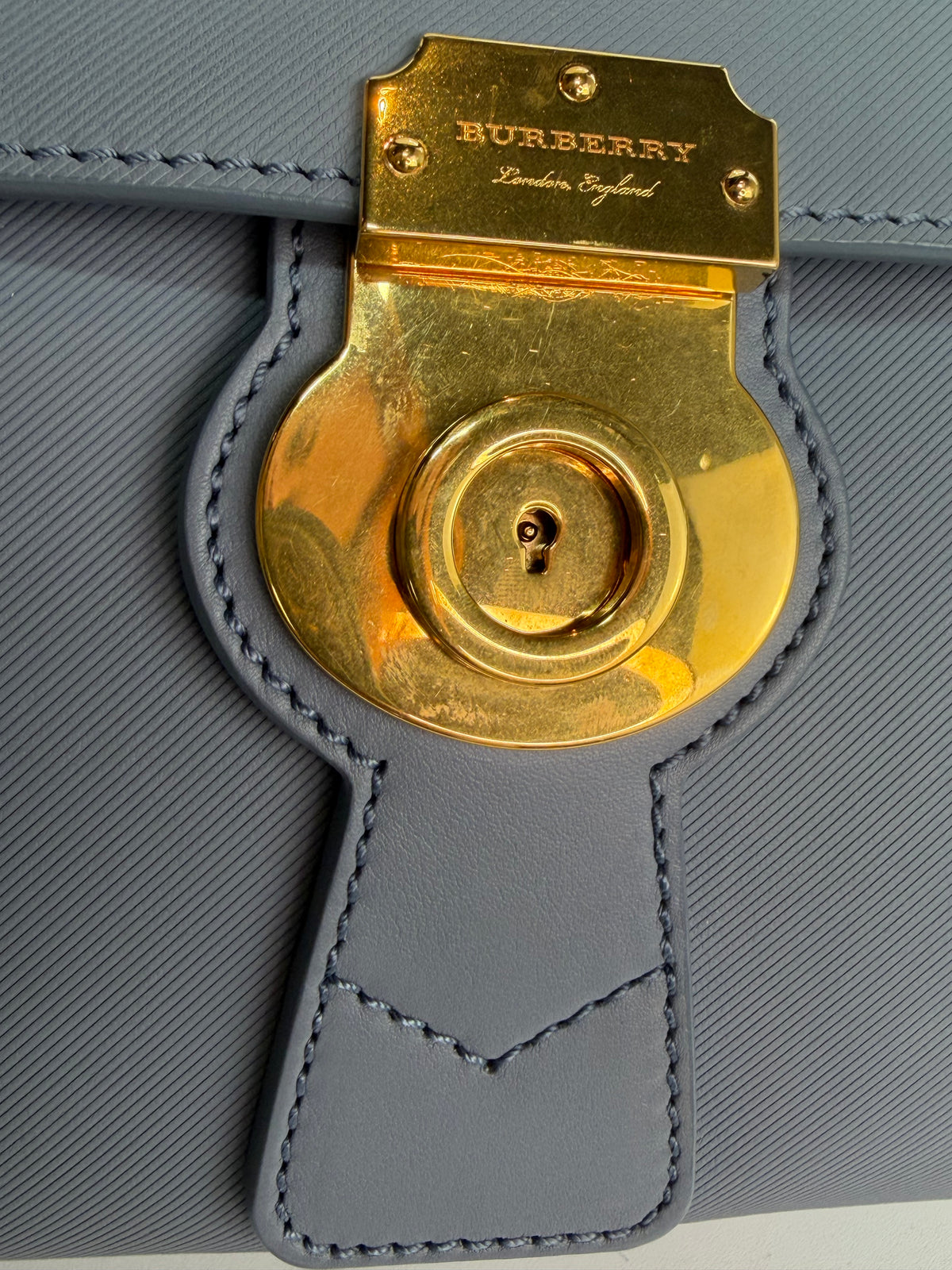 Burberry Light Dusty Blue Leather Gold Lock Top Handle/Crossbody Bag