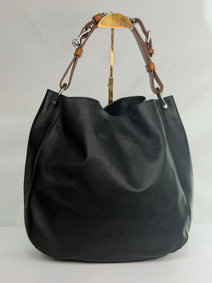 Ralph Lauren Black Leather w Brown Leather Belt Strap Slouchy Shoulder Tote Bag