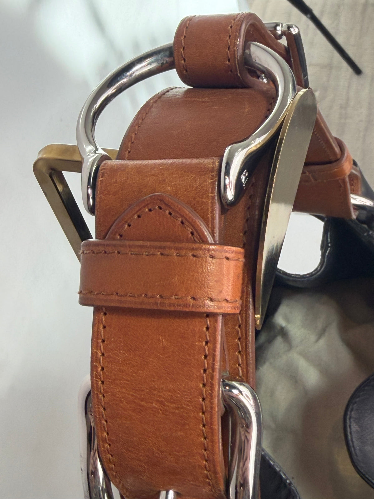 Ralph Lauren Black Leather w Brown Leather Belt Strap Slouchy Shoulder Tote Bag