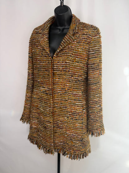 Chanel 2003 Golden Brown Woven Tweed Mid-Length Coat w Fringe Hem