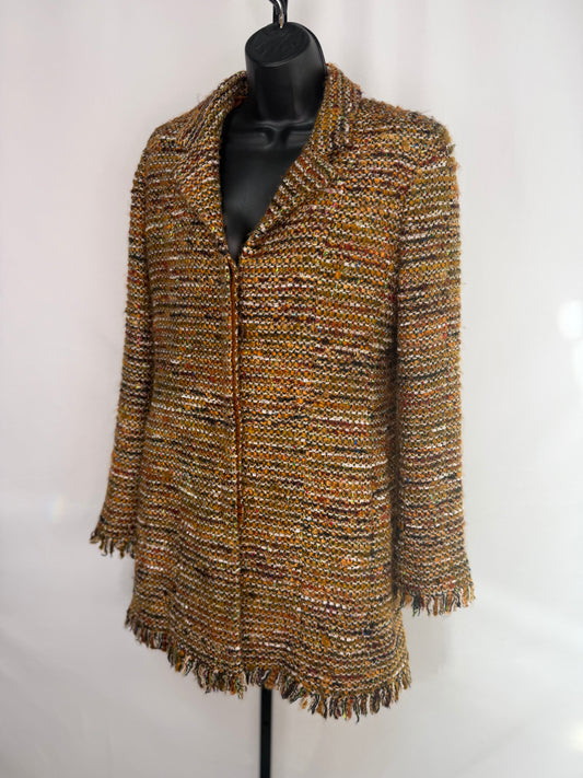 Chanel 2003 Golden Brown Woven Tweed Mid-Length Coat w Fringe Hem
