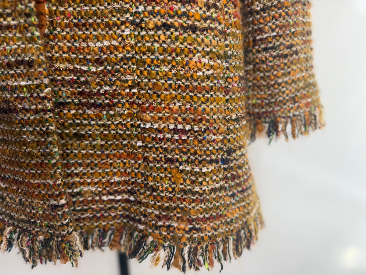 Chanel 2003 Golden Brown Woven Tweed Mid-Length Coat w Fringe Hem