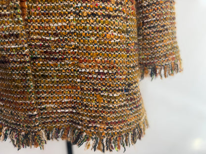 Chanel 2003 Golden Brown Woven Tweed Mid-Length Coat w Fringe Hem