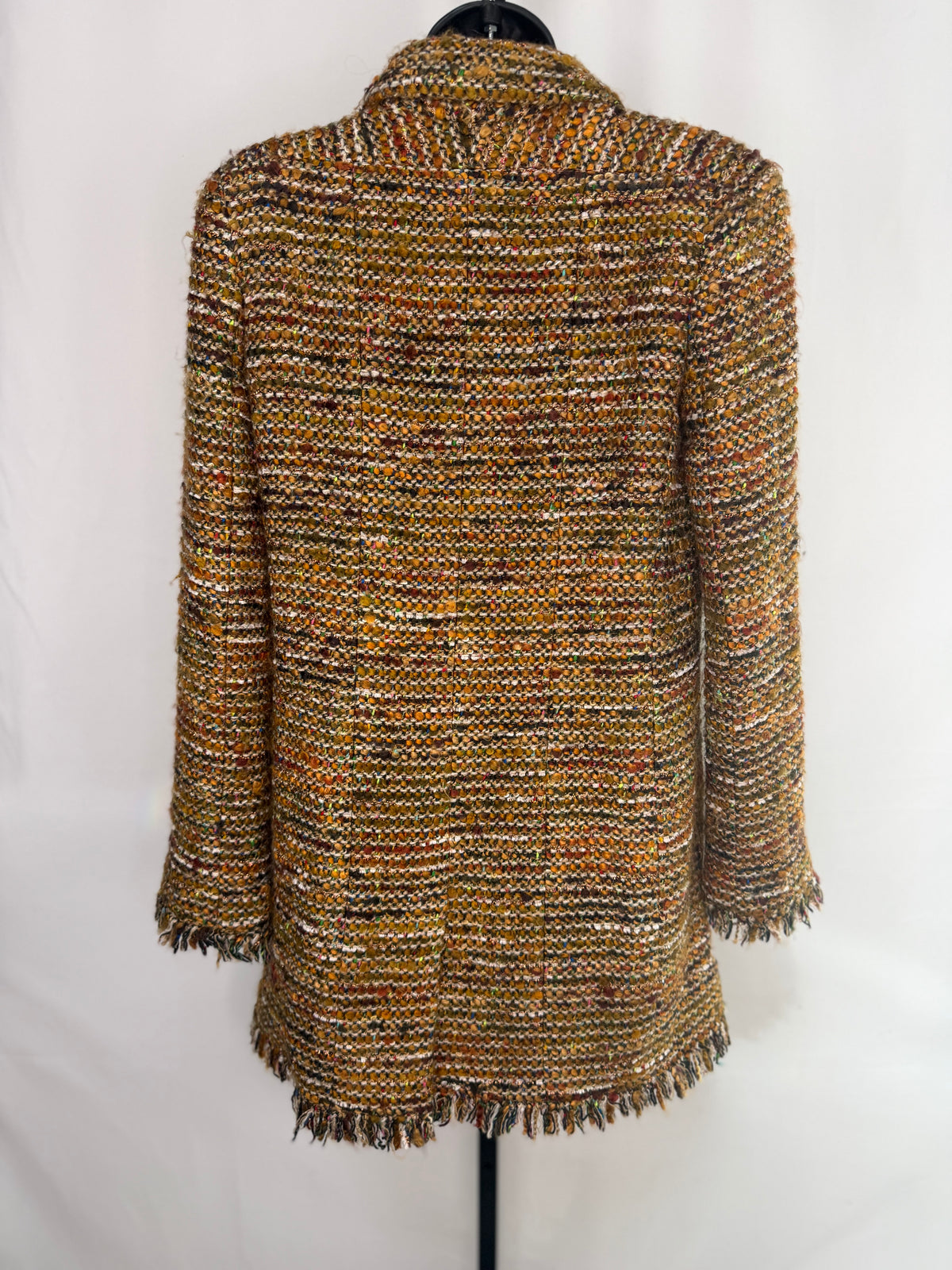 Chanel 2003 Golden Brown Woven Tweed Mid-Length Coat w Fringe Hem
