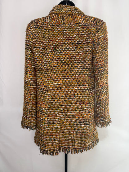 Chanel 2003 Golden Brown Woven Tweed Mid-Length Coat w Fringe Hem