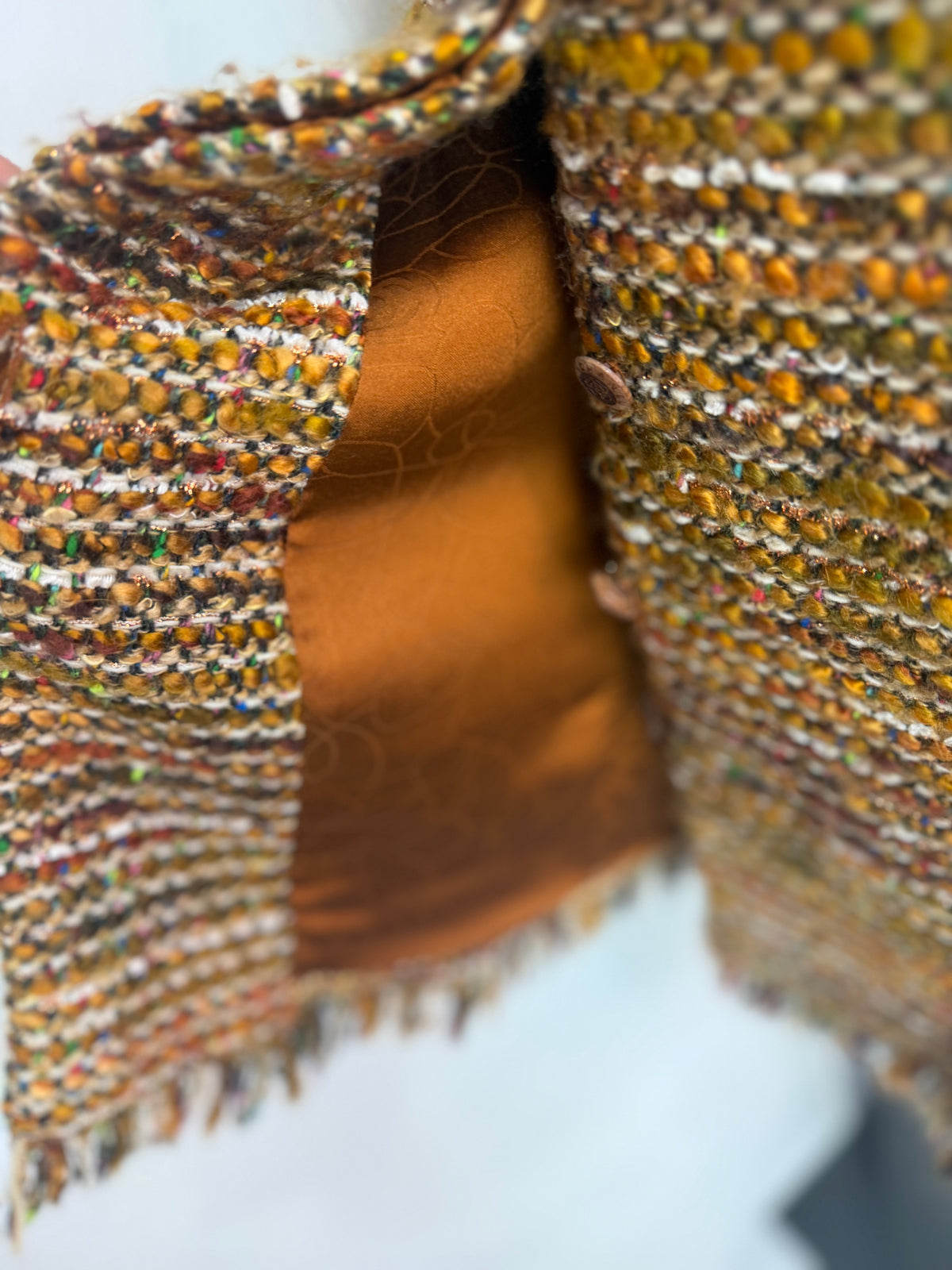 Chanel 2003 Golden Brown Woven Tweed Mid-Length Coat w Fringe Hem