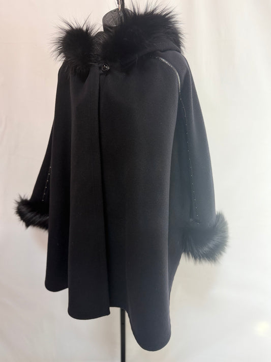 St. John Black Drape Sleeve Fur Lined Hooded Cape Jacket
