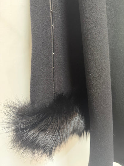 St. John Black Drape Sleeve Fur Lined Hooded Cape Jacket
