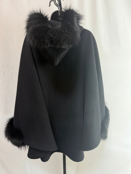 St. John Black Drape Sleeve Fur Lined Hooded Cape Jacket