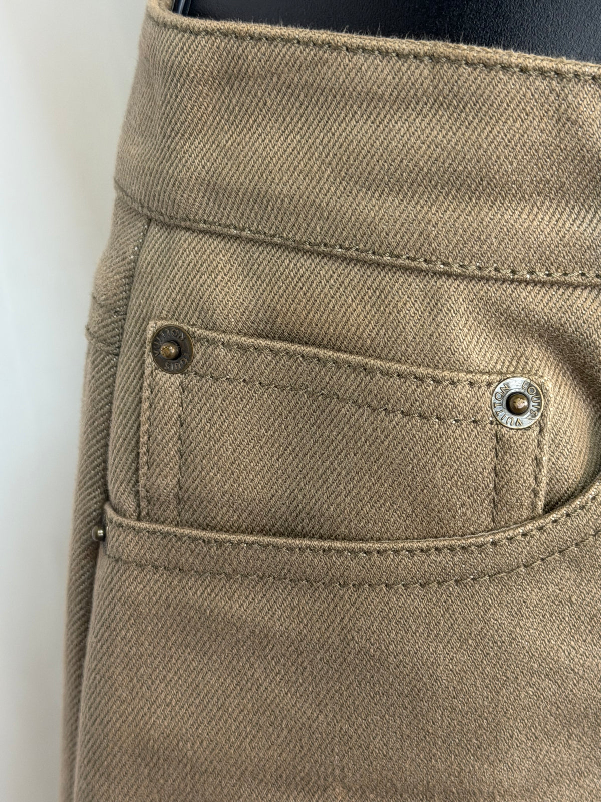 Louis Vuitton Army Green Denim Knee-Length Skirt w Front Zipper
