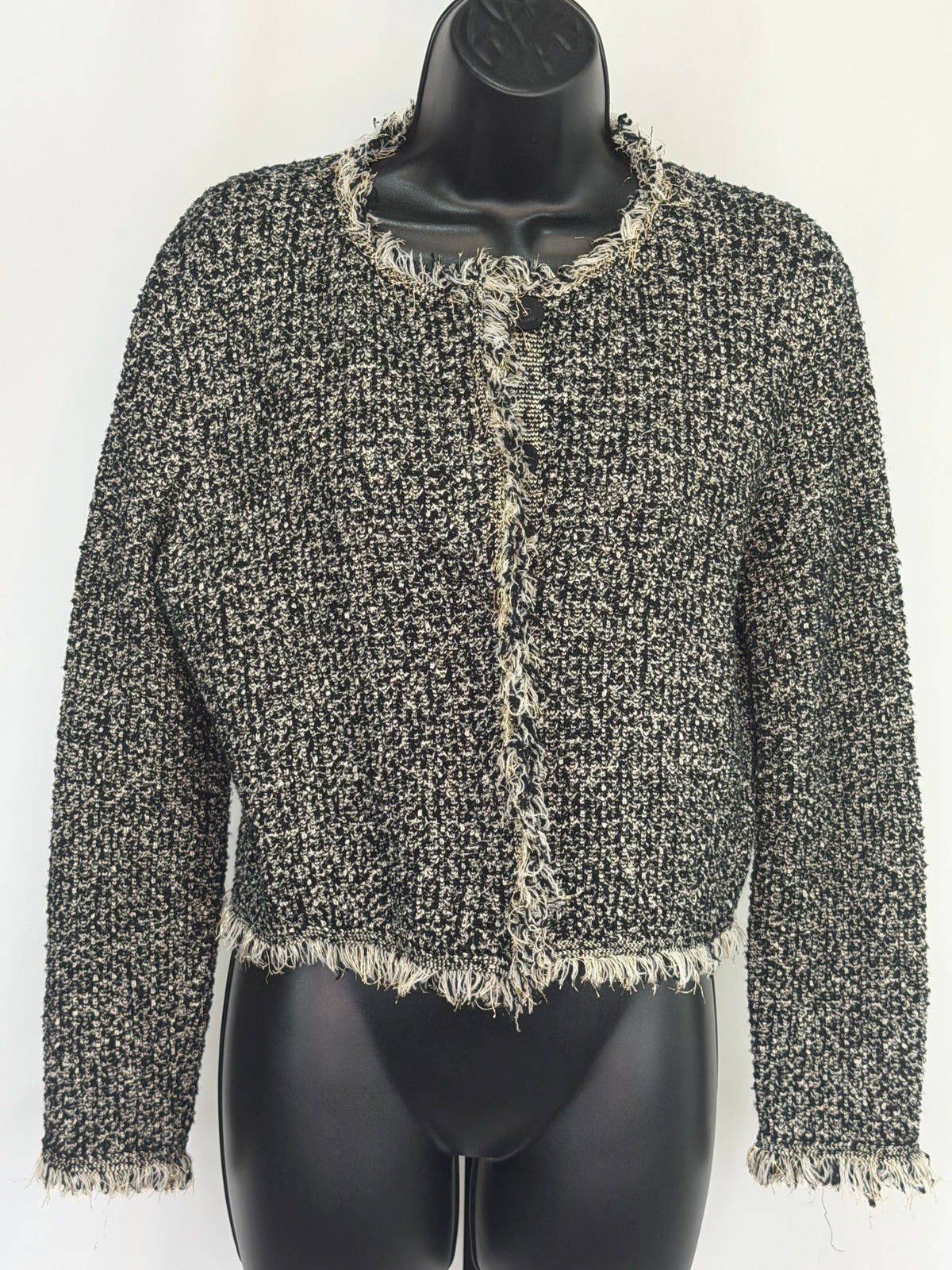 Oscar De La Renta Black White Gold Tweed Button Up Jacket w Fringe Trim