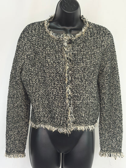 Oscar De La Renta Black White Gold Tweed Button Up Jacket w Fringe Trim