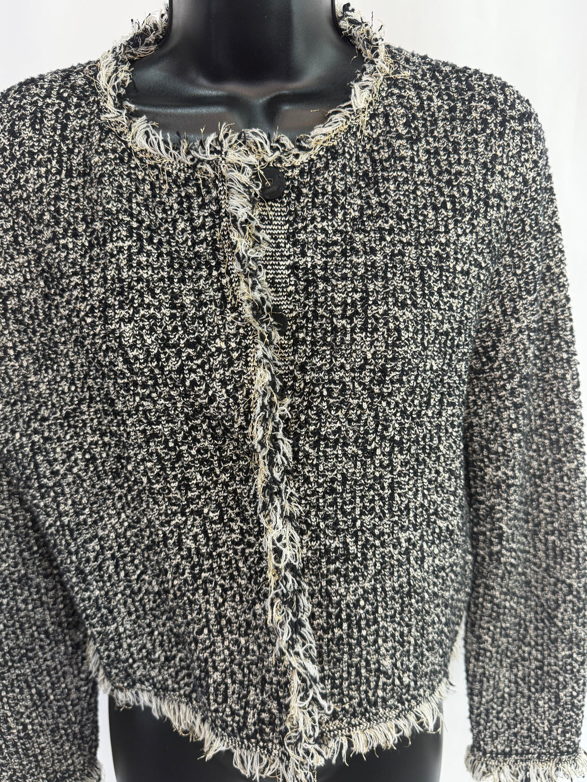 Oscar De La Renta Black White Gold Tweed Button Up Jacket w Fringe Trim