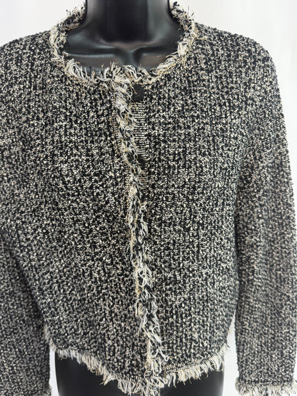 Oscar De La Renta Black White Gold Tweed Button Up Jacket w Fringe Trim