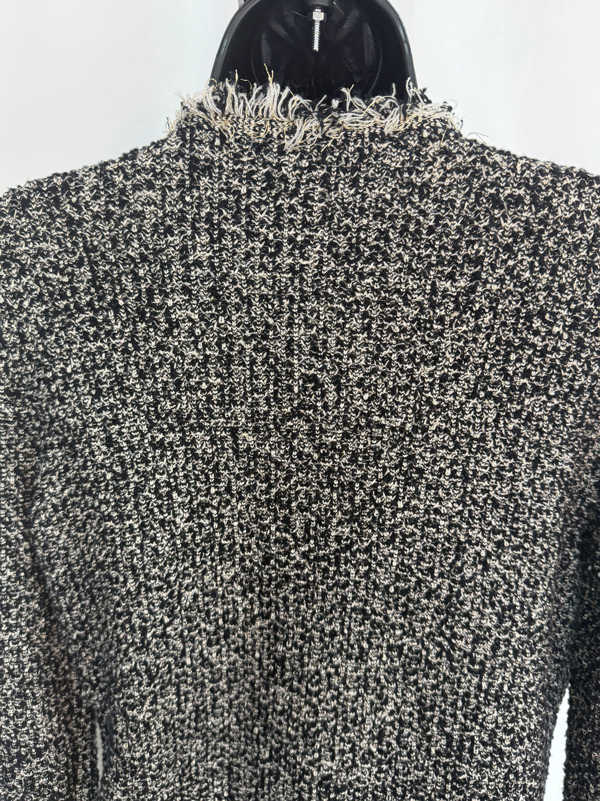 Oscar De La Renta Black White Gold Tweed Button Up Jacket w Fringe Trim