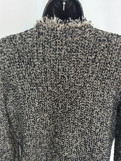 Oscar De La Renta Black White Gold Tweed Button Up Jacket w Fringe Trim