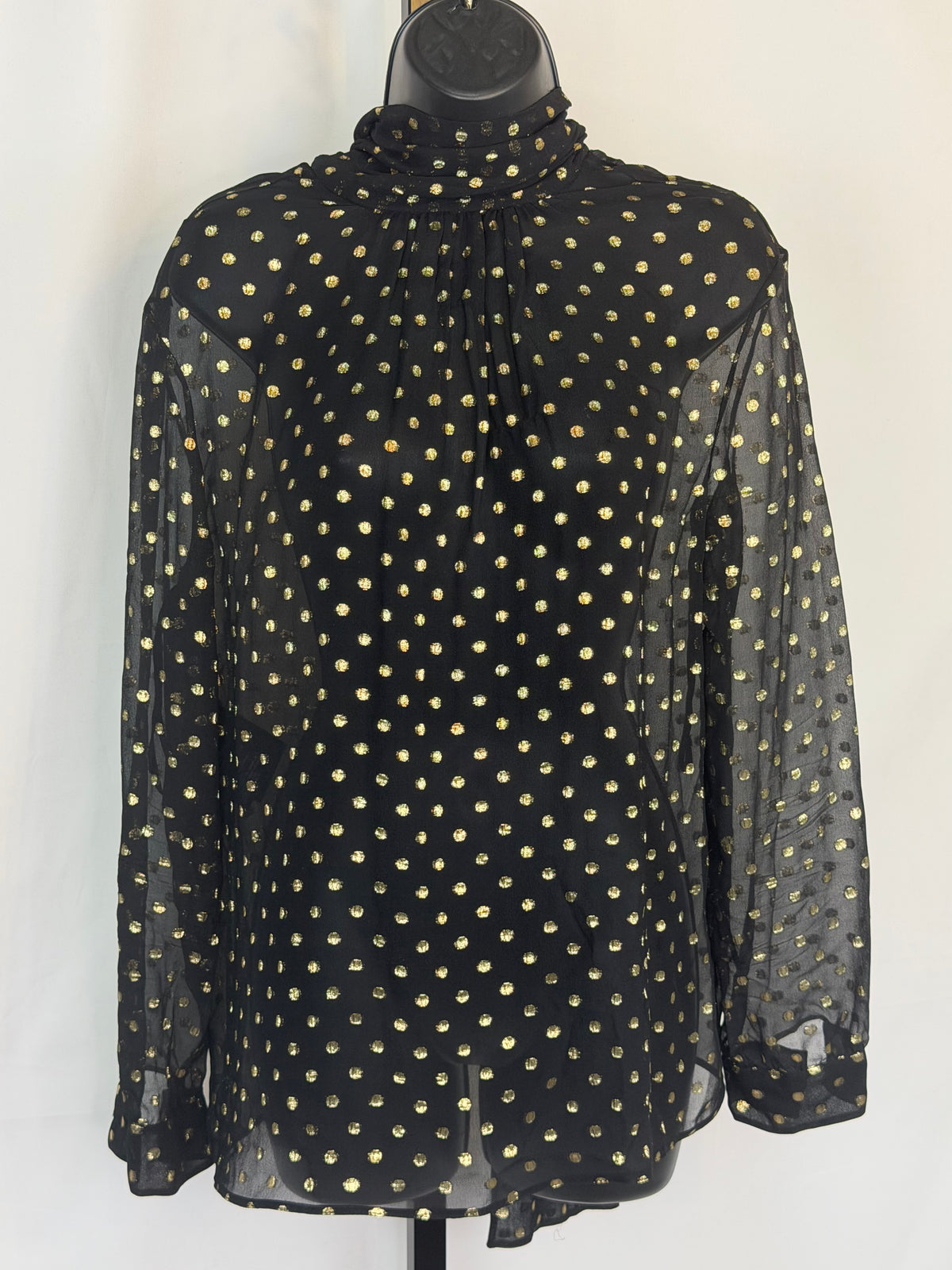 Prada Silk Black Gold Metallic Polka DotTie-Neck Long Sleeve Blouse w Cami