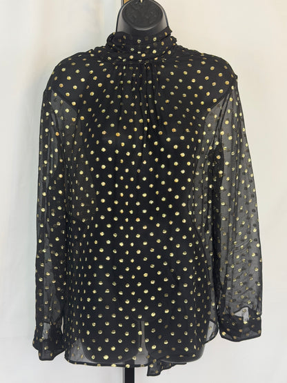 Prada Silk Black Gold Metallic Polka DotTie-Neck Long Sleeve Blouse w Cami