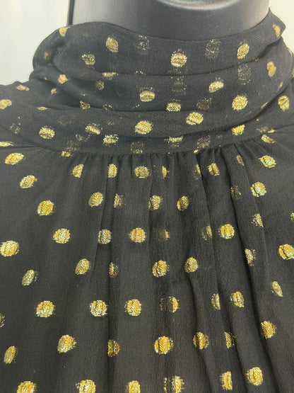 Prada Silk Black Gold Metallic Polka DotTie-Neck Long Sleeve Blouse w Cami