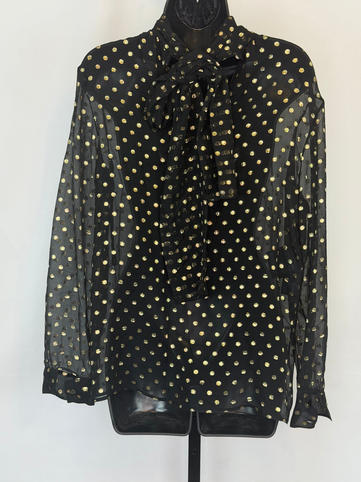 Prada Silk Black Gold Metallic Polka DotTie-Neck Long Sleeve Blouse w Cami