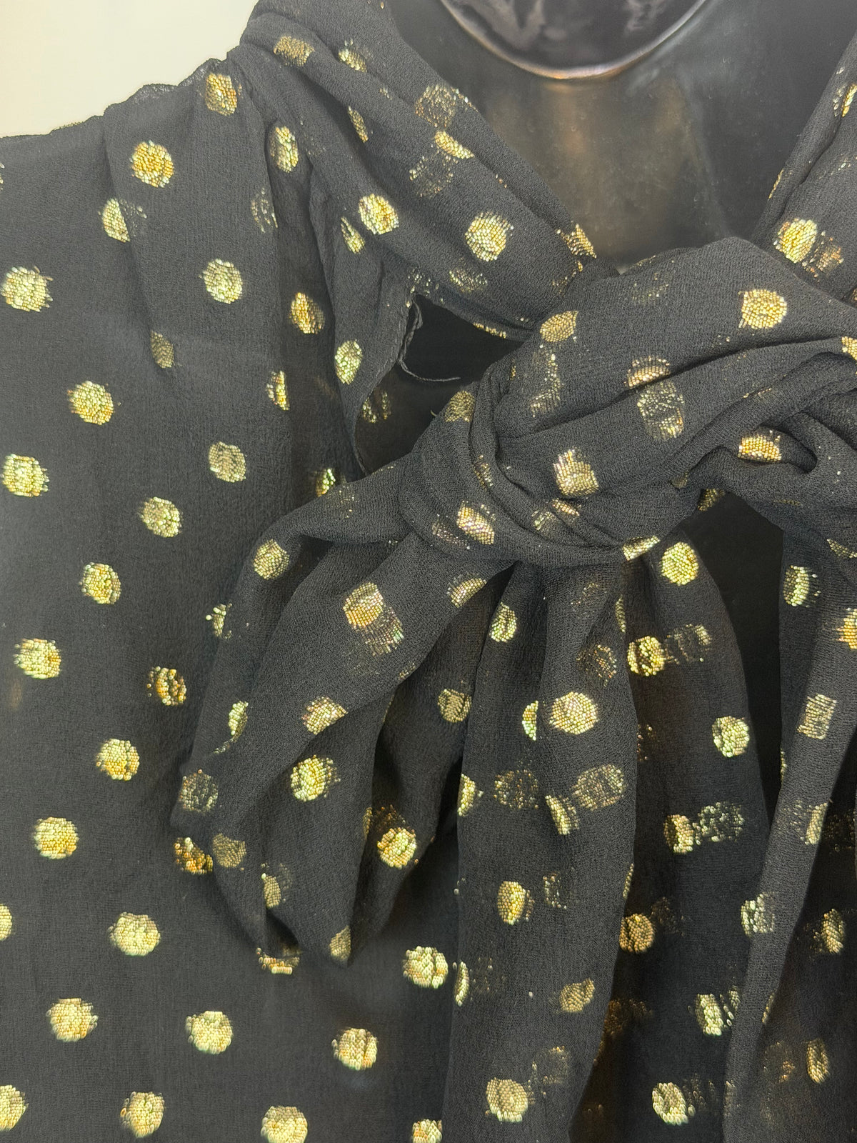 Prada Silk Black Gold Metallic Polka DotTie-Neck Long Sleeve Blouse w Cami