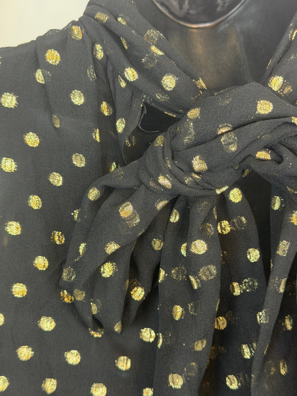Prada Silk Black Gold Metallic Polka DotTie-Neck Long Sleeve Blouse w Cami