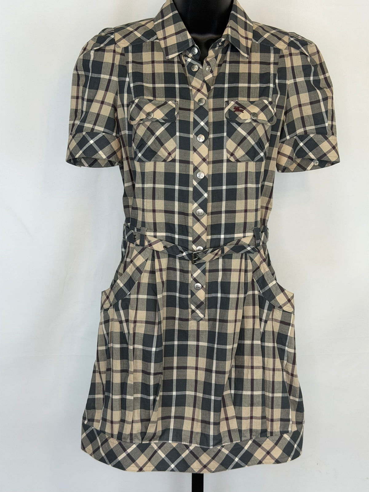 Burberry London Blue Label Neutral Check Pattern Short Sleeve Tie-Waist Mini Dress