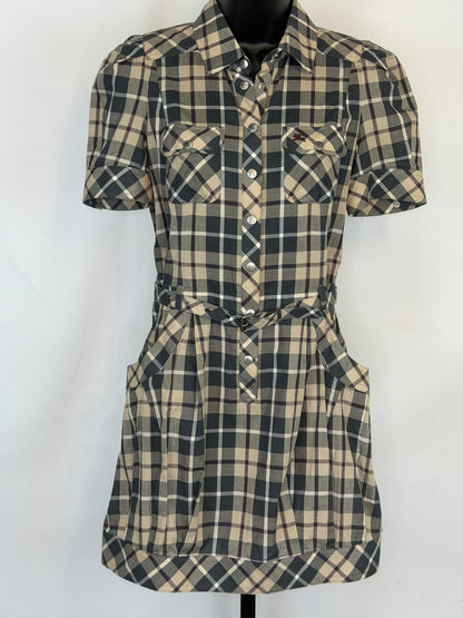 Burberry London Blue Label Neutral Check Pattern Short Sleeve Tie-Waist Mini Dress