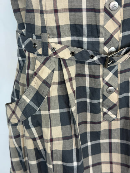 Burberry London Blue Label Neutral Check Pattern Short Sleeve Tie-Waist Mini Dress
