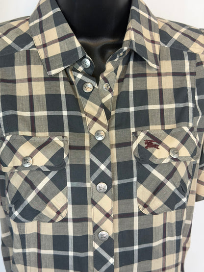 Burberry London Blue Label Neutral Check Pattern Short Sleeve Tie-Waist Mini Dress