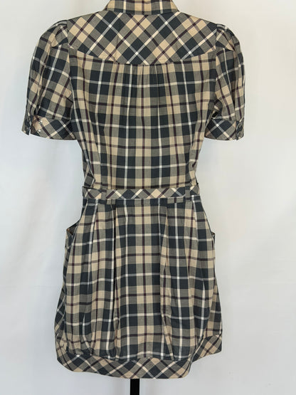 Burberry London Blue Label Neutral Check Pattern Short Sleeve Tie-Waist Mini Dress