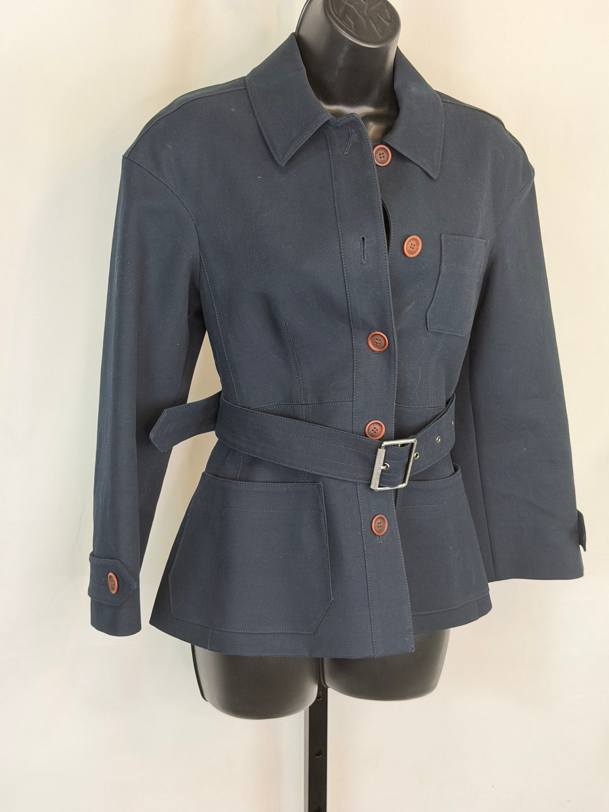 Burberry Navy Button Down Canvas Jacket w/ Brown Buttons & Belt