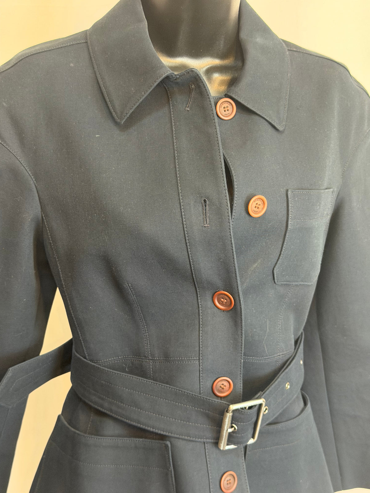 Burberry Navy Button Down Canvas Jacket w/ Brown Buttons & Belt