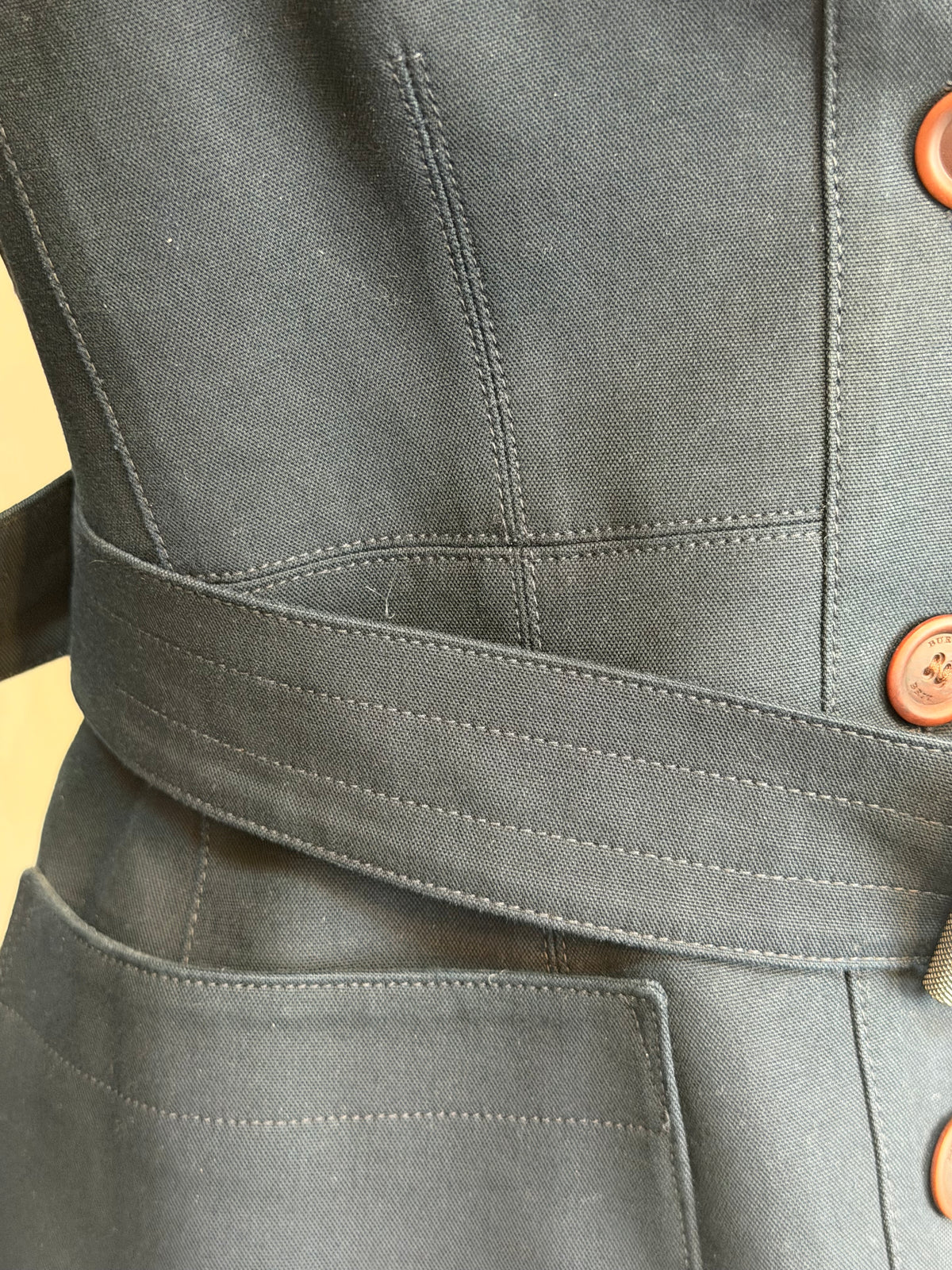 Burberry Navy Button Down Canvas Jacket w/ Brown Buttons & Belt