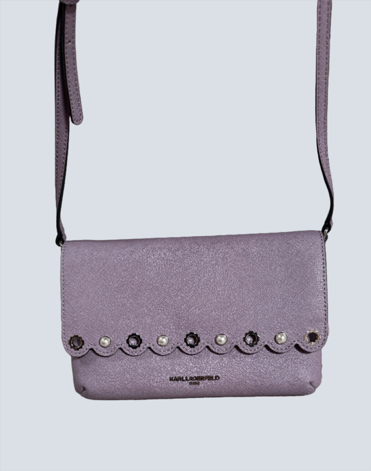 Karl Lagerfeld Leather Cross Body Bag w/ Pearl & Gold Grommet Details