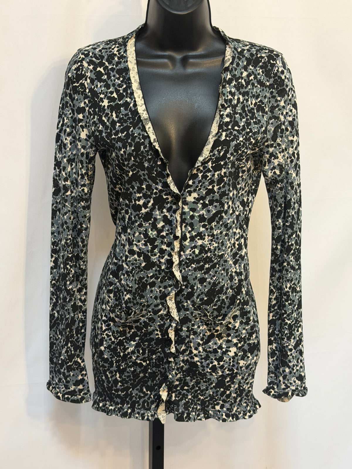 Burberry Black Blue & White Printed Button Up Cardigan w Ruffle Detail