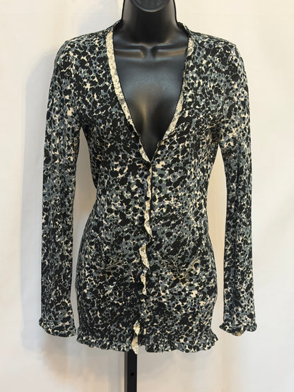 Burberry Black Blue & White Printed Button Up Cardigan w Ruffle Detail