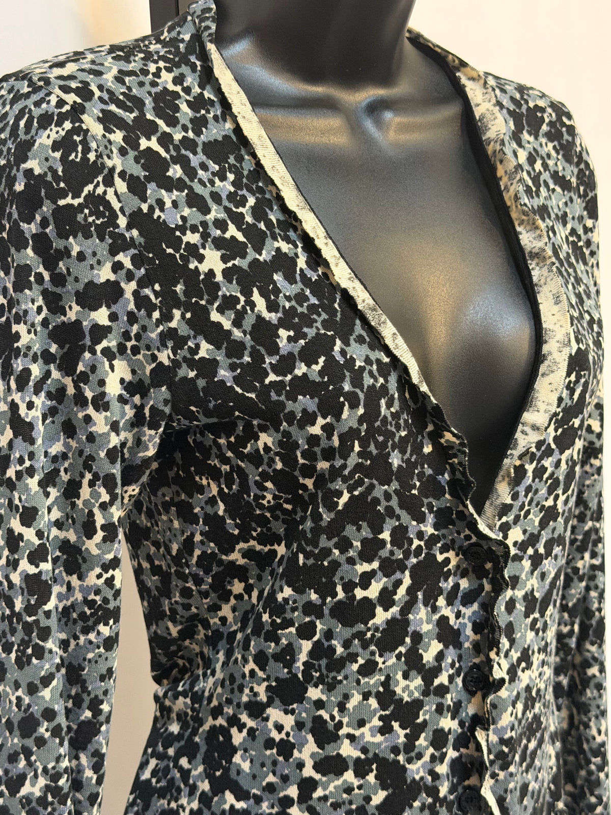 Burberry Black Blue & White Printed Button Up Cardigan w Ruffle Detail