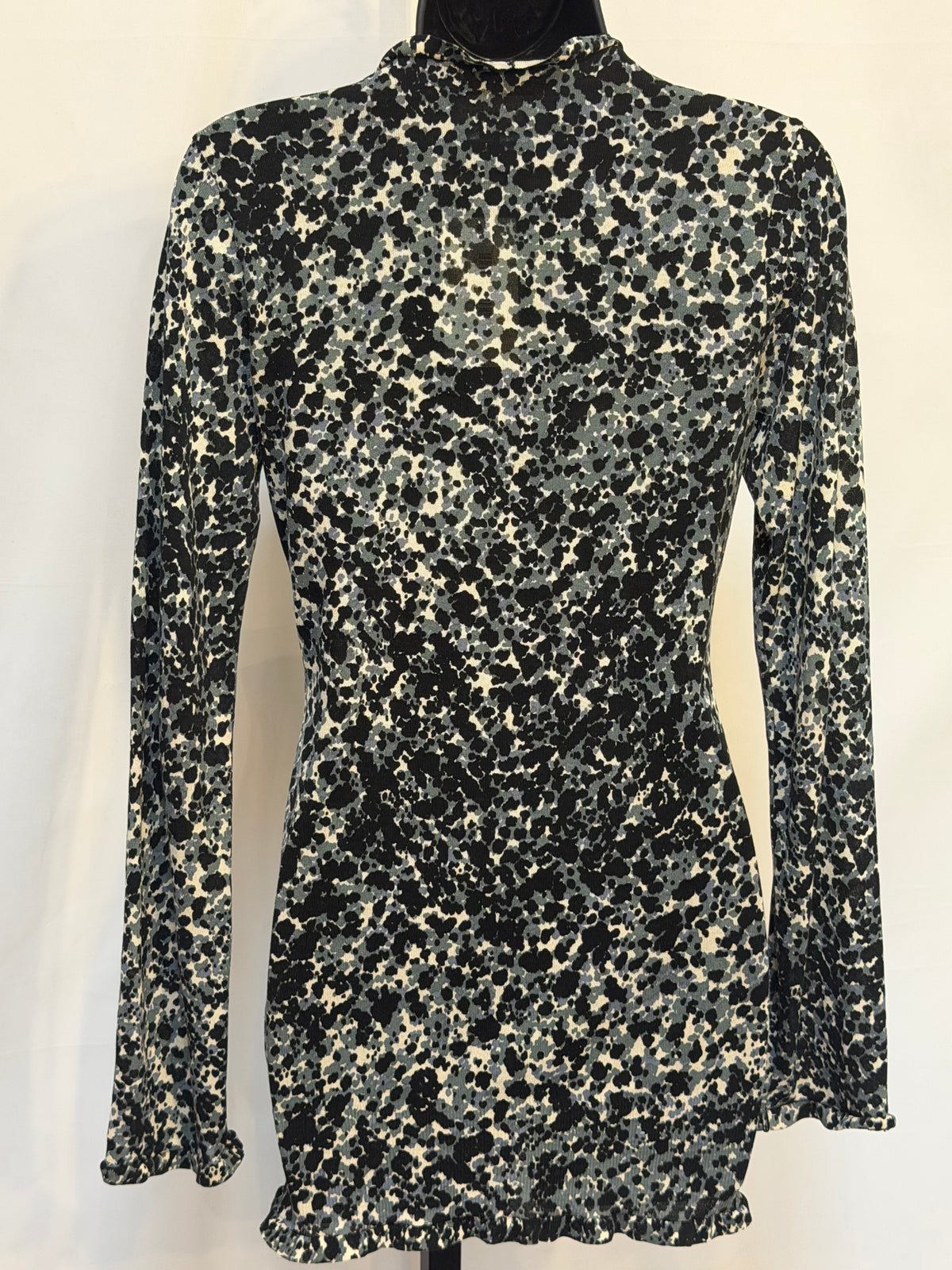 Burberry Black Blue & White Printed Button Up Cardigan w Ruffle Detail